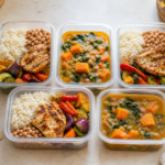 Marmitas caseiras com arroz, feij?o, frango e legumes prontas para congelar