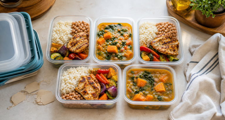 Marmitas caseiras com arroz, feij?o, frango e legumes prontas para congelar