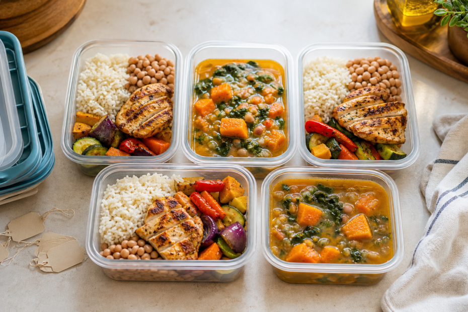 Marmitas caseiras com arroz, feij?o, frango e legumes prontas para congelar